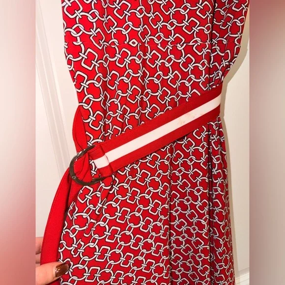 Lauren Ralph Lauren Red and White Chain Link Patterned Belted Midi Dress - Picture 6 of 11